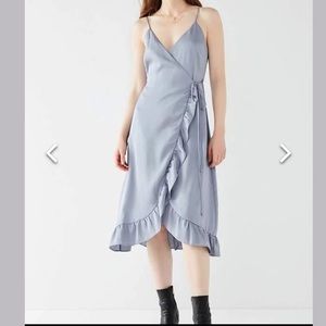 Baby Blue UO Ruffle Hem Satin Wrap Midi Dress
